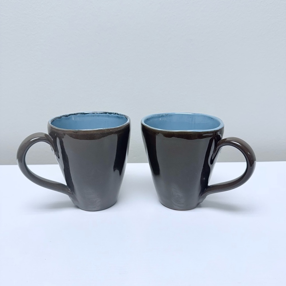 Pier 1 Imports Set of 2 Vintage Stoneware Coffee Cup Mugs, Italy, Brown & Blue